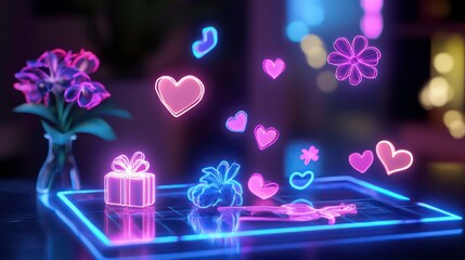 Fototapeta premium Neon gift, flowers, hearts on glowing digital tablet.