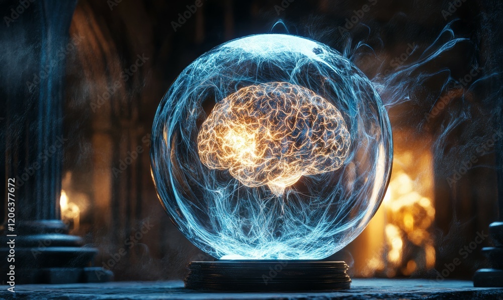 Poster a unique representation of a brain held within a glowing sphere with intricate electric patterns, sy
