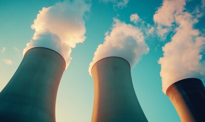 Extreme close-up of a power plant with blue sky and pile of black coal