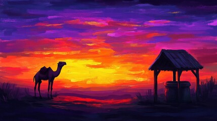Camel Silhouette at Sunset Near Desert Well