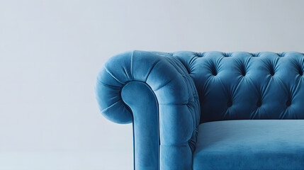 Obraz premium Cozy blue sofa in a softly lit living room, with light streaming through the window.