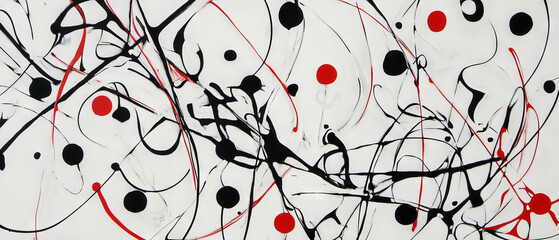 Playful arrangement of squiggles, lines, and dots in contrasting colors on canvas