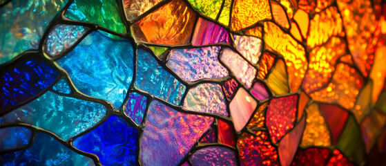 Vibrant stained glass artwork showcasing intricate patterns and rich colors