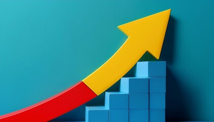 red and yellow arrow is on top of two blue blocks the arrow is pointing upward which could represent growth or progress the blocks are stacked on top of each other