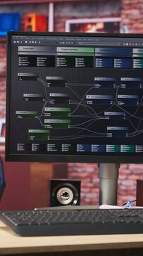 Vertical video Software development being done on PC, implementing algorithms. Machine learning app on computer screen in home office used for building applications and optimizing performance