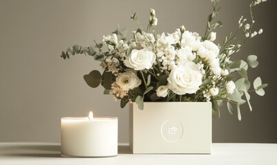 Obraz premium flower bouquet and candle in white box