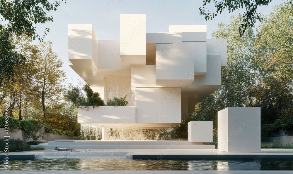 Poster abstract 3d render of stacked white rectangular blocks