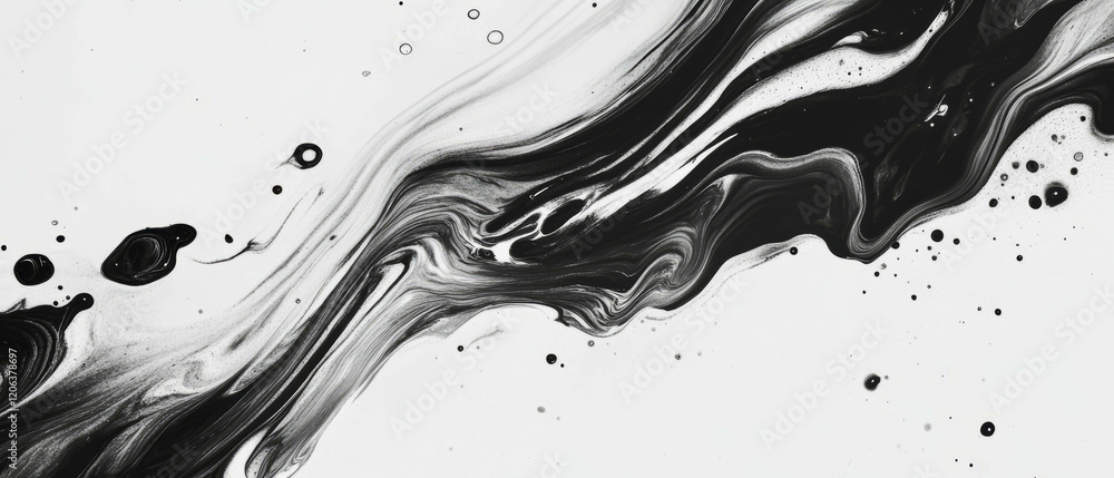 Poster swirling black ink patterns create fluid art on a white background in abstract design