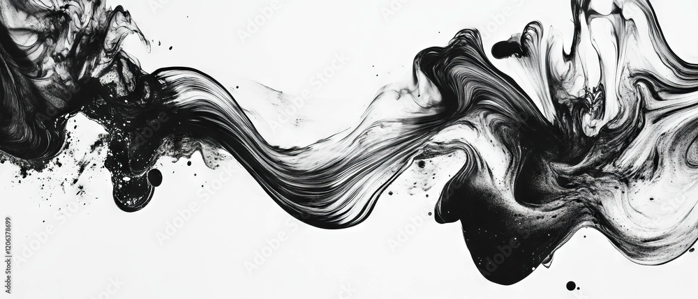 Poster swirling black ink patterns create fluid lines on a white background for artistic expression
