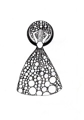 A delicate figure wearing a dress with circular bead-like patterns, embodying elegance.