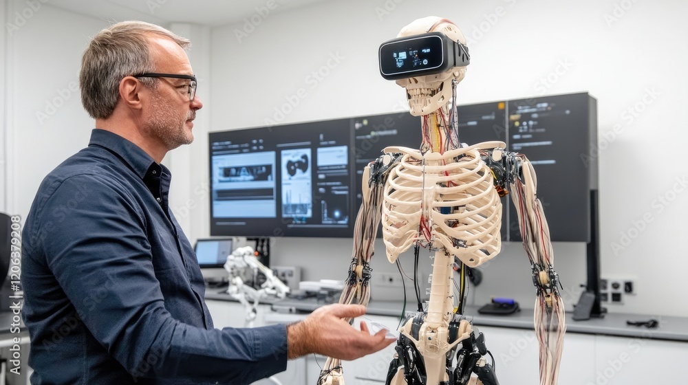 Poster Man interacts with a robotic skeleton wearing a virtual reality headset