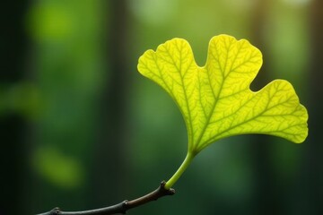 Naklejka premium Single yellowish ginkgo biloba leaf on a bare twig, single stem, nature, botanical