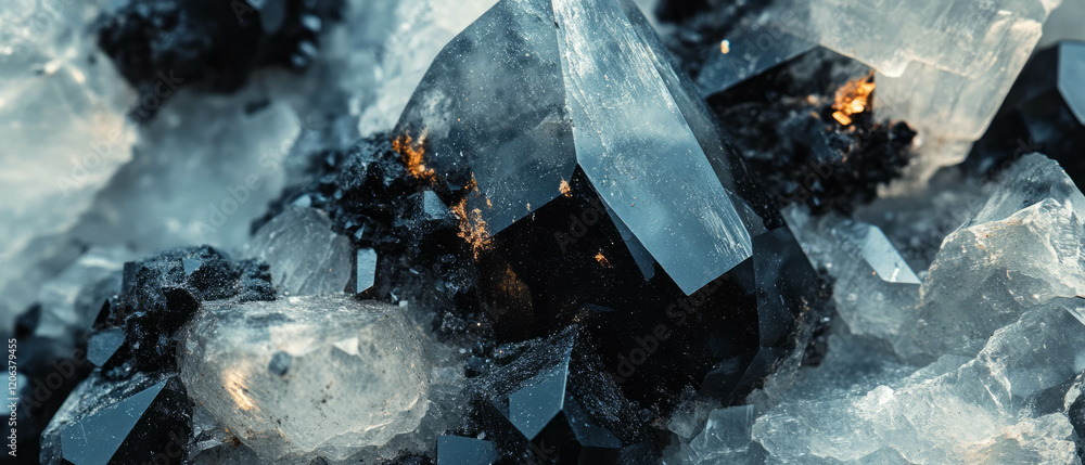 Poster exploring the intricate textures of tourmalinated quartz with black tourmaline inclusions