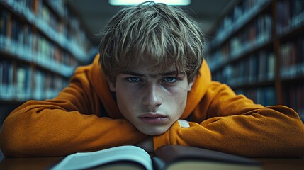 Obraz premium Young Student Studying Intently in a Quiet Library Filled With Books During the Afternoon