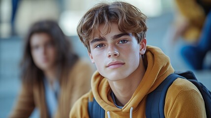 Fototapeta premium Young Male Student With Brown Hair in a Yellow Hoodie Focused on Learning Outdoors With Peers in the Background During a Sunny Day