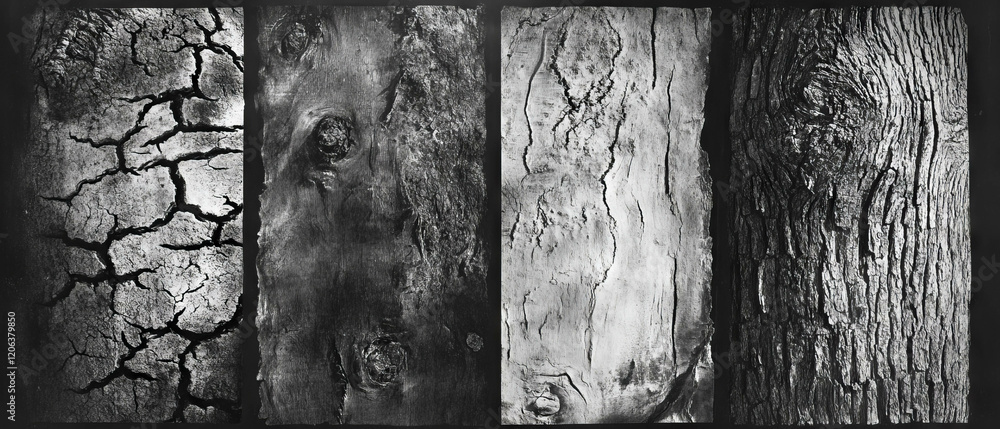 Poster exploring unique textures of tree bark through detailed rubbings and organic patterns
