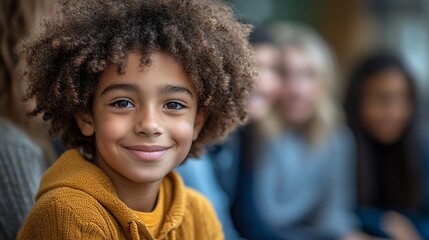 Obraz premium Young Boy Smiles Warmly While Sitting With Friends in a Cozy Setting During a Casual Gathering at a Community Center