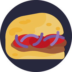 A wrap of grilled kebab meat, fresh vegetables, and sauce, all rolled up in flatbread.