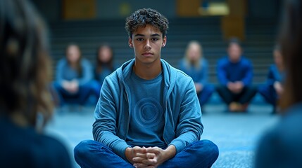 Young Man Sits in Meditation With Others in a Quiet Indoor Space During a Group Session Focused on Mindfulness and Self-Reflection