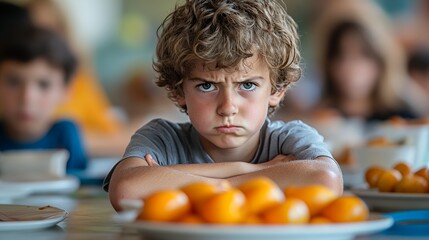 Fototapeta premium Boy Frowning at the Table Full of Oranges While Seated Among Other Children in a Bright Indoor Setting