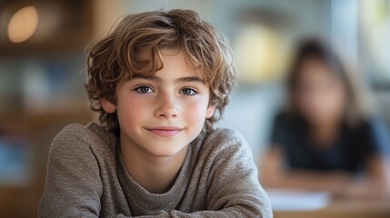 Boy With Curly Hair Smiles Warmly While Sitting in a Classroom During a Bright, Sunny Day