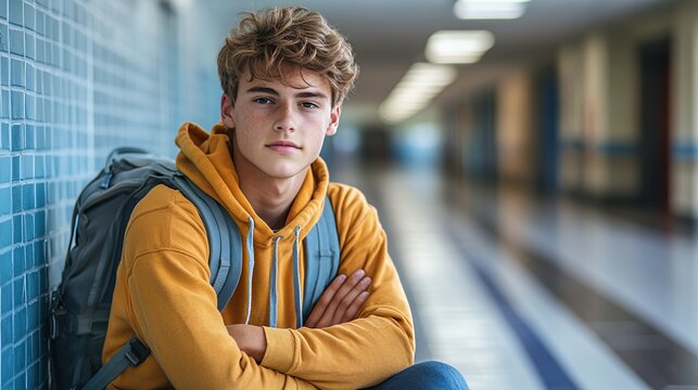 Teen Boy With Backpack Sits in School Corridor During Daytime While Looking Thoughtfully at the Camera