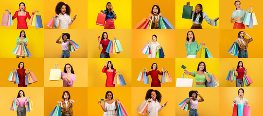 A vibrant collection showcases individuals joyfully holding colorful shopping bags after successful Black Friday purchases. Their excitement reflects the thrill of consumerism and special offers.