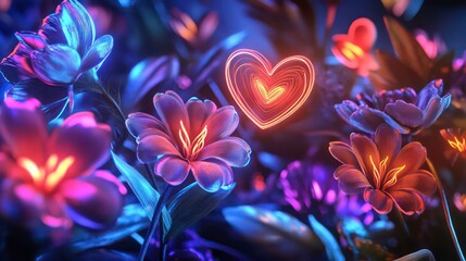 Glowing neon flowers with a heart.