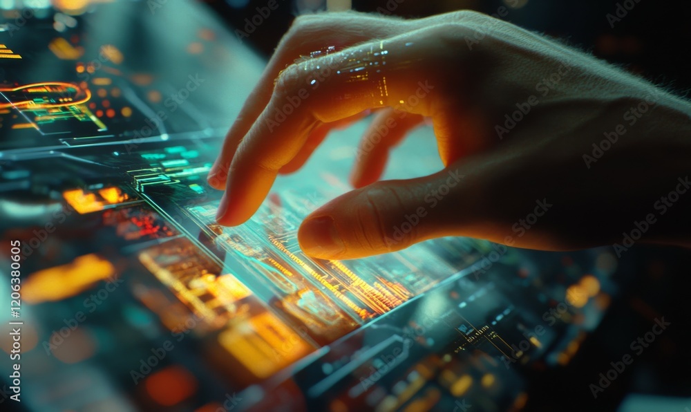 Poster ai at your fingertips: a close-up shot of a hand interacting with a futuristic ai interface, symboli