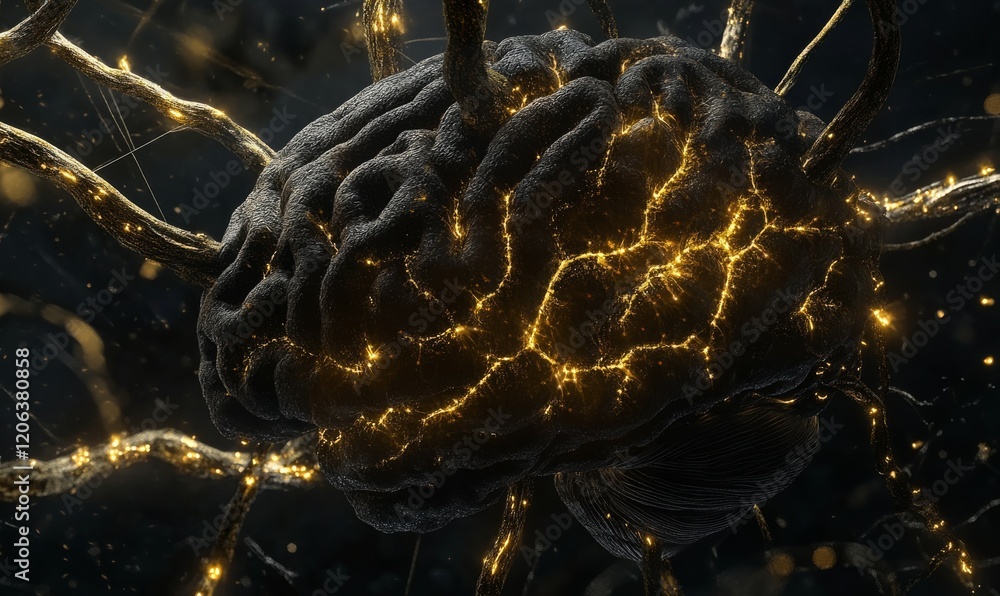 Poster an artistic rendering of a dark-toned brain with a striking web of golden electricity, representing 