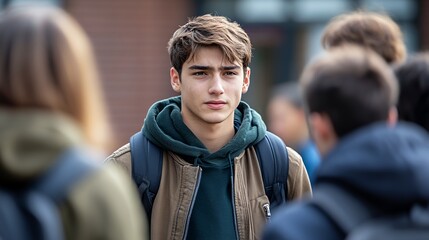 Teenager in a Casual Jacket Interacts With Peers Outside a School During a Sunny Day, Capturing a Moment of Youthful Camaraderie and Social Dynamics