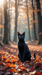 Majestic Feline: A Black Cat Sitting Gracefully Among Autumn Leaves in a Forest