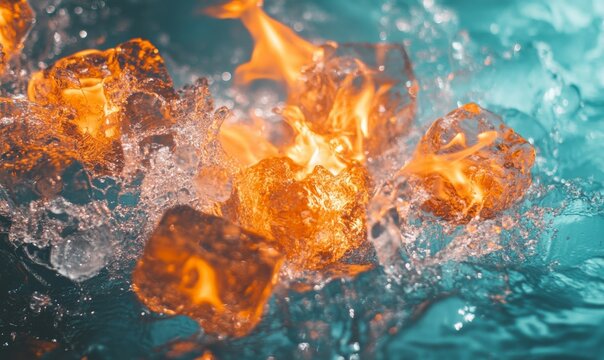 Extreme close-up of flamy ice cubes on a blue water background