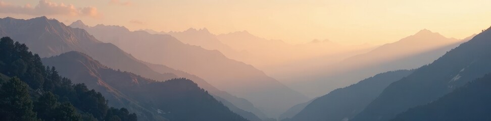 Fototapeta premium Soft beige hues on a misty mountain landscape at dawn, peaceful ambiance, mountain landscape, serene scenery