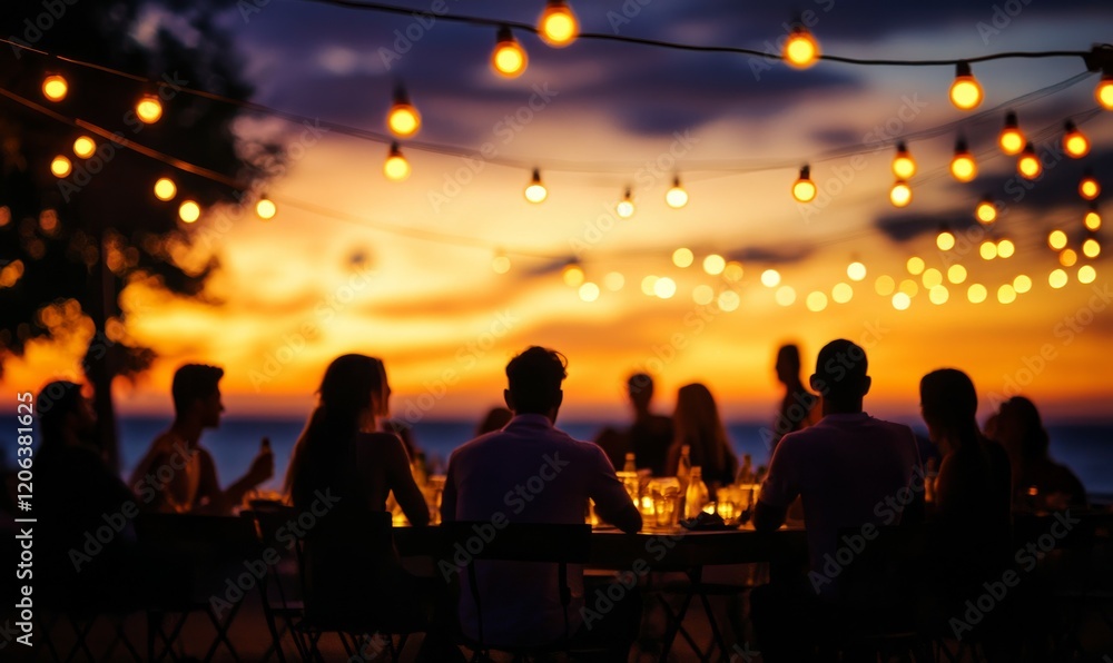 Poster beautiful evening scene featuring glowing string lights against sunset sky, creating warm and inviti
