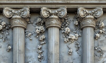 Naklejka premium Extreme close-up of ornate wall with floral vines and Roman columns