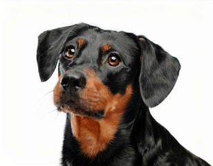 Obraz premium a black and brown dog looking up at the camera