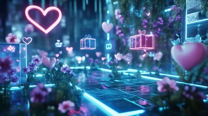 Neon heart-shaped lights illuminate a surreal garden path with glowing gifts and flowers.