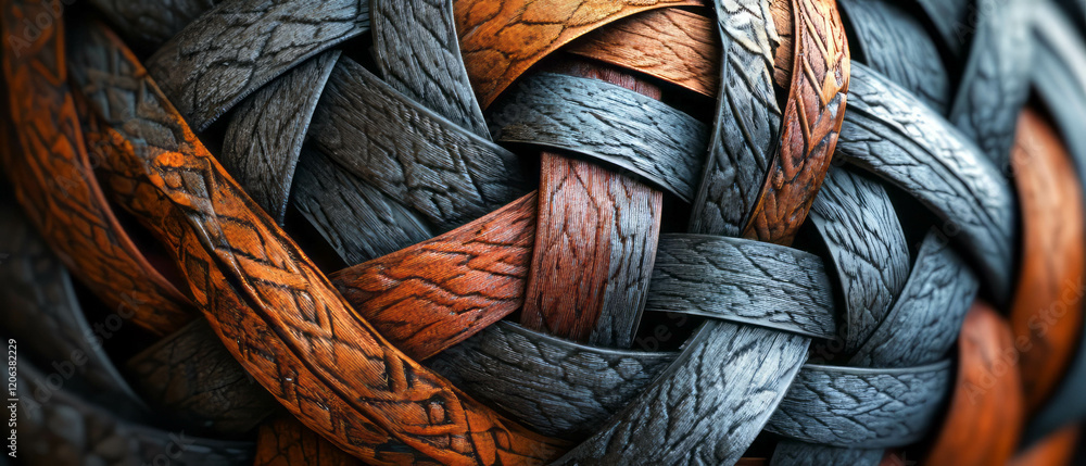 Poster woven ribbons create intricate patterns with textured surfaces in captivating design