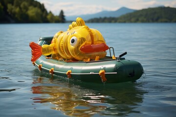 Yellow inflatable fish on a green inflatable dinghy floating on a lake with mountains in the background, on a sunny summer day