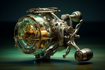 Futuristic fishing reel showcasing intricate glass and metal components, highlighting advanced technology and innovative design