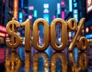 Golden $100% Sign in City at Night