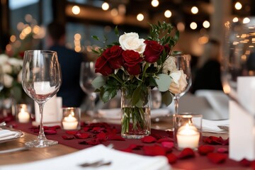 An opulent table setting adorned with layered rose petals, soft lighting, and fresh roses, emphasizing romantic elegance for upscale dining and special celebrations.