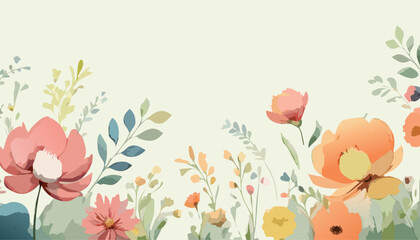 Abstract simple vintage vector art floral background vector in pastel colors, wallpaper with watercolor botanical spring details, leaf framed, flower, vivid foliage, aquarelle frame.