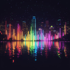 city skyline at night with neon equalizer