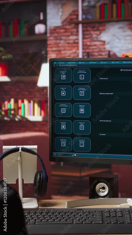 Aufkleber vertical video focus on ai llm chatbot gpt software on pc monitor in modern home office. jib down sh