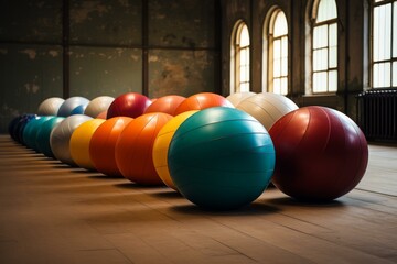 Large inflatable exercise balls in vibrant colors arranged on a polished wooden floor in a light filled gym