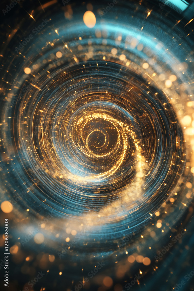Poster swirling spiral of light and energy captured in a mesmerizing pattern with golden and blue hues