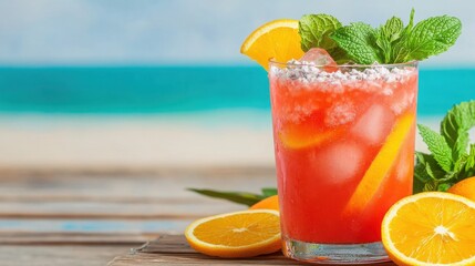 Refreshing summer drink with ice, orange slices, and mint, perfect for cool relaxation by the beach.