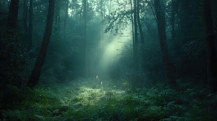 Mystical Forest Path Sunbeam Illuminates Green Landscape
